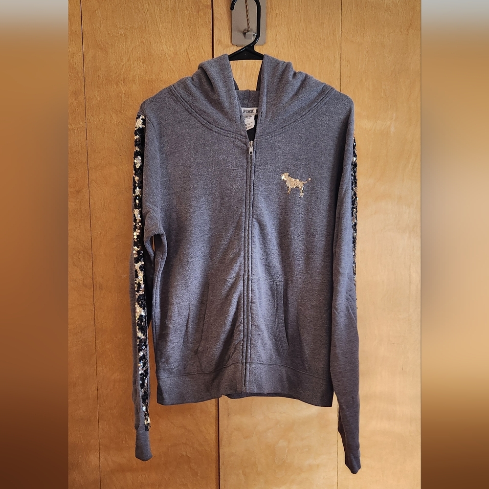 PINK  Cheetah Print Sequin Zip Up Sweatshirt